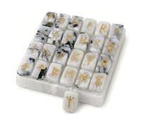 KULIA Rune Stones with 1 Piece Selenite Plate - 25 Pcs Rainbow Moonstone Crystal Runes Reiki Symbol Stones Engraved Elder Futhark Runes for Beginners, Chakra Balancing Altar Décor