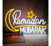 Kullneon Ramadan Mubarak Neon Sign Islamic Wall Art Eid Mubarak Sign Moon Star LED Neon Light Dimmable 16.1 x 10.2 inches Acrylic Silicone Modern Wall Mount Neon Sign Decor