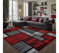 Kuluoits Beautiful Geometric Rug, 160x200cm Modern Abstract Red and Gray Plaid Texture Indoor Carpet, Soft, Low Pile, Non-Shedding Art Mat, Machine Washable Rugs for Living Room and Beside the Bed