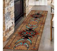 Kuluoits Bohemian Hallway Runner Rug, 60x120cm, Southwestern Native Tribal Ethnic Vintage Geometric Moon Shape Brown and Blue Kitchen Runner, Soft Washable Low Pile Carpet for Hall Study Living Room