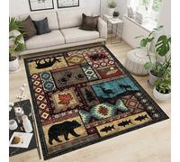 Kuluoits Cabin Bear Area Rug, 60x90cm, Wild Animal Home Decor, Forest Animal Black Bear Elk Southwest Multi-Color Rugs, Non-Slip Rustic Distressed Rug Floor Mat for Living Room Office Study Washable