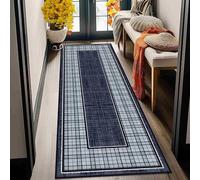 Kuluoits Carpet Runner for Living Rooms, 120x170cm Blue Geometric Plaid Runner Carpet for Hallways, Greek Textured Style, Modern Non-Slip Washable Low-Pile Rug Living Rooms, Kitchens, Bedrooms Carpet