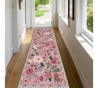 Kuluoits Floral Hallway Runner Rug,65x300cm, Cute Tropical Plant Girl Bedroom Pink Runner Floor Mat, Non-Slip Non-Linting Easy to Clean Kitchen Hallway Carpet for Living Room Bedroom Office Doorway