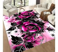 Kuluoits Flower Area Rug, 140x200cm Modern Pink Rose Black Leaf Washable Rug, Creative Plant Theme Non-Slip Rug, Girls Bedroom Floor Mat, Soft Non-Slip Machine Washable Easy Care Living Room Carpet