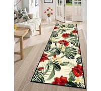 Kuluoits Green Runner Rug for Entryway,60x150cm, Boho Tropical Leaves Runners for Hallways Non-Slip, Retro Botanical Print Red Flowers Long Rug Washable, Living Room Bedroom Corridor Floor Carpet