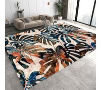 Kuluoits Middle Ages Abstract Rug 140x200cm Blue Orange Monstera Leaf Area Rug, Tropical Plant Graffiti Indoor Non-Slip Rugs, Soft Washable Carpet for Family and Pet Living Room Sofa Bedroom Balcony