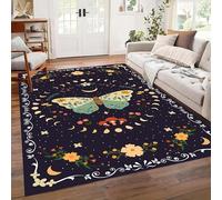 Kuluoits Moth Floral Area Rug, 60x110cm Gothic Moth Moon Phase Plant Insect Large Indoor Rug, Non-Slip Washable Easy-To-Clean Carpet, Bohemian Floral Black Rugs for Living Rooms Bedrooms Offices