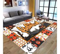 Kuluoits Pumpkin Area Rug, 120x180cm, Happy Halloween Bat Cat Geometric Plaid Orange Washable Rug for Living Room, Cute Cartoon Halloween Decorative Floor Mat Carpet for Bedroom Dorm Bedside