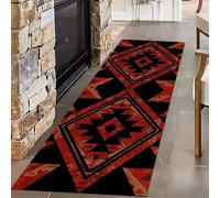 Kuluoits Red Southwestern Runner Rug, 80x200cm, Western Native Geometric Plaid Black Long Hallway Carpet, Non-Slip Washable Thin Easy Clean Floor Mat for Living Room Bedroom Laundry Room Decoration