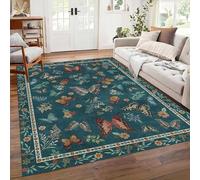Kuluoits Vintage Floral Area Rug, 120x180cm Country Farmhouse Butterfly Floral Insect Plants Blue Low Pile Washable Carpet, Bohemian Style Non-Slip Indoor Rugs for Living Room Study Office Floor mats