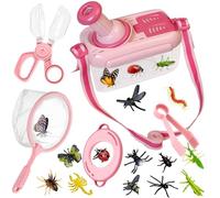 Kulveanju Kids Outdoor Toys Bug Hunting Kits for Children, 5 Pcs Bug Catcher Kit & 12 Bug Toys, Insect Box with Rotating Magnifying Glass, Outdoor Explorer Kit Gifts for Girls 3 4 5 6 Years Old, Pink