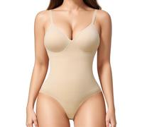 KUMAYES Shapewear Bodysuits for Women Tummy Control Shapewear with Built in Bra V-Neck Body Shaper Shaping Slimming Bodysuit(Beige, 2XL)