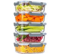 KUMD 10-Piece Set (5-Pack) 1040ml (36oz) Borosilicate Glass Meal Prep Containers with Upgraded Detachable Locking Lids - Rectangular Lunch Boxes, Microwave/Oven/Freezer Safe, Leak Proof