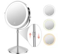 KuMers Lighted Makeup Mirror with Magnification, 10X 8'' Rechargeable Double Sided Vanity Mirror with 3 Color Light, 360° Rotation, Tabletop Mount, 15''L x 8''W, Silver