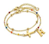 KummerSaprk Cross Letter Bracelet for Women, Gold Tone Initial Charm Bracelet with Adjustable Chain, Minimal Beaded Religious Bracelet for Daily Wear and Faith-Inspired Occasions, L, Zinc, no gemstone