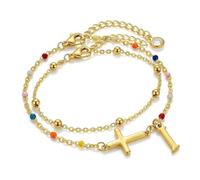 KummerSaprk Cross Letter Bracelet for Women, Gold Tone Initial Charm Bracelet with Adjustable Chain, Minimal Beaded Religious Bracelet for Daily Wear and Faith-Inspired Occasions, L, Zinc, no gemstone