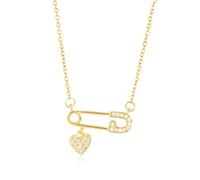 KummerSaprk Safety Pin Necklace with Heart Charms Rhinestone Heart Charm Necklace Safety Gifts for Women Adjustable Chain Fashion Jewelry, Metal, no gemstone
