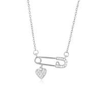 KummerSaprk Safety Pin Necklace with Heart Charms Rhinestone Heart Charm Necklace Safety Gifts for Women Adjustable Chain Fashion Jewelry, Metal, no gemstone