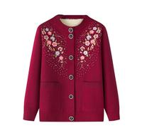 kumosaga Elderly Ladies Knitted Cardigan, Warm Fleece Lined Crew Neck Cardigans with Pockets, Embroidered Cardigan Sweaters for Winter(Wine red,XXL)