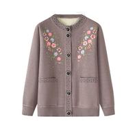 kumosaga Elderly Ladies Knitted Cardigan, Warm Fleece Lined Crew Neck Cardigans with Pockets, Embroidered Cardigan Sweaters for Winter(Coffee,XXL)