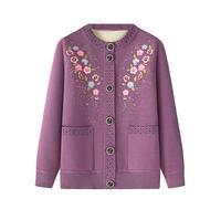 kumosaga Elderly Ladies Knitted Cardigan, Warm Fleece Lined Crew Neck Cardigans with Pockets, Embroidered Cardigan Sweaters for Winter(Purple,XL)