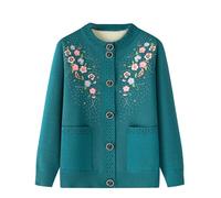 kumosaga Elderly Ladies Knitted Cardigan, Warm Fleece Lined Crew Neck Cardigans with Pockets, Embroidered Cardigan Sweaters for Winter(Blue,XL)