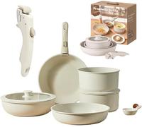 kumosaka Gourmetific Cookware Set, 11 Piece Nonstick Maifan Cookware Set with Detachable Handle, Ceramic Pots and Pans Set Non Stick, for Induction Dishwasher Oven