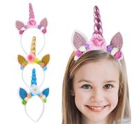 KUMSODE Pack of 3 Unicorn Headbands, Unicorn Horn Headband with Ears and Flowers, Unicorn Birthday Headband, Hair Accessories for Easter, Birthday Party, Carnival, Head Accessories, Party Decoration
