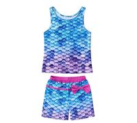 KumSoomliy Girls Mermaid Swimming Costume Two Piece Swimsuits Sports Tankini Sleeveless Swimwear Bathing Suit Racer Back Tops Swim Shorts Fish Scale Swimwears Summer Beach Holiday Wear 6-7 Years,Blue