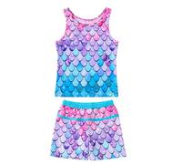 KumSoomliy Girls Swimming Costume 2 Pieces Mermaid Swimsuit Kids Girl Tankini Bathing Suit Racer Back Tops Swim Shorts Fish Scale Swimwear Summer Holiday Beach Wear for Child 6-7 Y,Blue