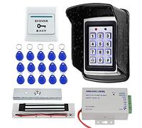 KUMU 7612 Outdoor Waterproof RFID Door Access Control System Metal Keypad+180KG Magnetic Lock+Rainproof Cover+Exit Button+15pcs Keyfobs for Home/Office,Black