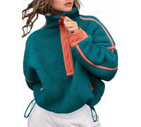 Kumufenc Women's Fleece Sweatshirts Half Zip Pullover Long Sleeve Oversized Workout Crop Tops Hoodie with Pocket, Red-green, Medium