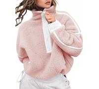 Kumufenc Women's Fleece Sweatshirts Half Zip Pullover Long Sleeve Oversized Workout Crop Tops Hoodie with Pockect, Pink, Medium