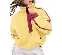 Kumufenc Women's Fleece Sweatshirts Half Zip Pullover Long Sleeve Oversized Workout Crop Tops Hoodie with Pocket, Yellow, XS