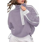 Kumufenc Women's Fleece Sweatshirts Half Zip Pullover Long Sleeve Oversized Workout Crop Tops Hoodie with Pocket, Purple, XS