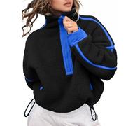 Kumufenc Women's Fleece Sweatshirts Half Zip Pullover Long Sleeve Oversized Workout Crop Tops Hoodie With Pocket, Black-blue, XS