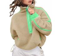 Kumufenc Women's Fleece Sweatshirts Half Zip Pullover Long Sleeve Oversized Workout Crop Tops Hoodie with Pocket, Brown Green, Large