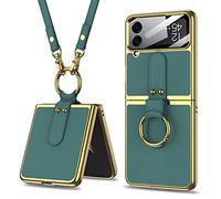KumWum Z Flip 4 Case, Phone Case for Samsung Galaxy Z Flip 4 5G Ultra-Thin Back Cover Screen Protector with Ring Holder & Adjustable Strap for Galaxy Z Flip 4 - Green