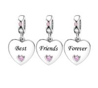 KunBead 3 pcs Best Friends Forever Friendship Pink Dangle Heart I Love You Birthday Charms Compatible with Pandora Charm Bracelet for Women