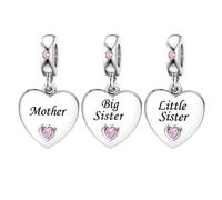 KunBead 3 pcs Mother Big Sister Little Sister Pink Dangle Heart I Love You Birthday Charms Compatible with Pandora Charm Bracelet for Women