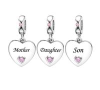 KunBead 3 pcs Mother Daughter Son Pink Dangle Heart I Love You Birthday Charms Compatible with Pandora Charm Bracelet for Women