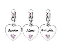 KunBead 3 pcs Nana Mother Daughter Pink Dangle Heart I Love You Birthday Charms Compatible with Pandora Charm Bracelet for Women