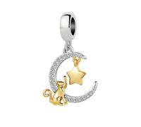 KunBead Cute Gold Cat Moon and Gold Star Love Birthday Heart Dangle Charms Compatible with Pandora Bracelet for Women