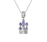 KunBead Fairytale Castle Charm Birthday Necklace Vintage Blue Glitter Enamel Heart Crystal Dangle Pendant Necklaces