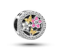 KunBead Jewelry Flower Butterfly Enamel Pink Birthday Bead Charms Compatible with Pandora Bracelets for Women