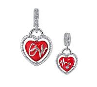 KunBead Jewelry Heartbeat Stethoscope Red Enamel Dangle Charms Compatible with Pandora Bracelets Necklaces for Women