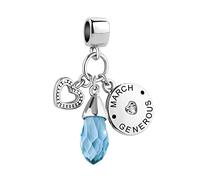 KunBead Jewelry March Birthstone Dangle Charm Heart Love Birthday Crystal Charms Compatible with Pandora Bracelets Necklace for Women