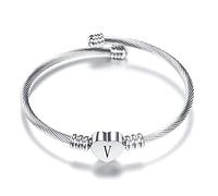 KunBead Jewelry Men Bopys Mummy BFF Initial Letter V Cuff Bracelet Silver Alphabet Heart Bangle Bracelets Gift for Birthday