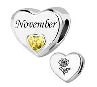 KunBead November Birthstone Birthday Month Flower Heart Love Bead Charms Compatible with Pandora Bracelet for Women