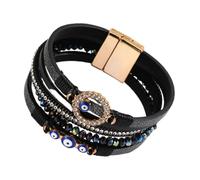KunBead Sparkly Evil Eye Black Leather Wrap Bracelets for Women Handmade Braided Boho Multilayer Magnetic Buckle Bracelet Wristband Cuff Bangle
